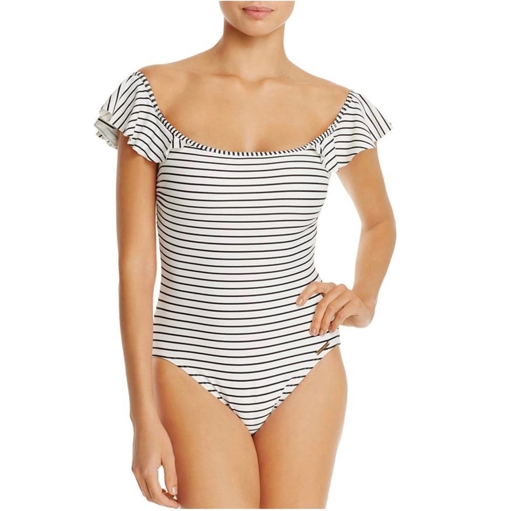 VINCE CAMUTO Ruffle Sleeves Black & White Zebra Stripe One Piece Swimsuit - Picture 5 of 11